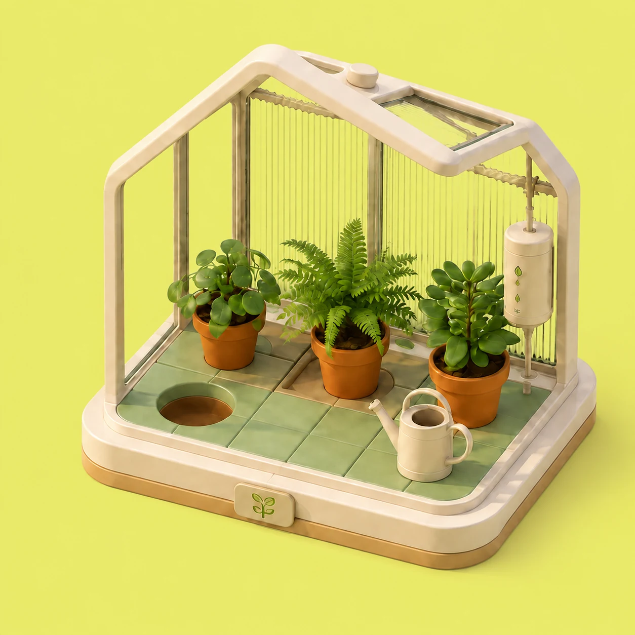 Miniature glass greenhouse with three lush plants